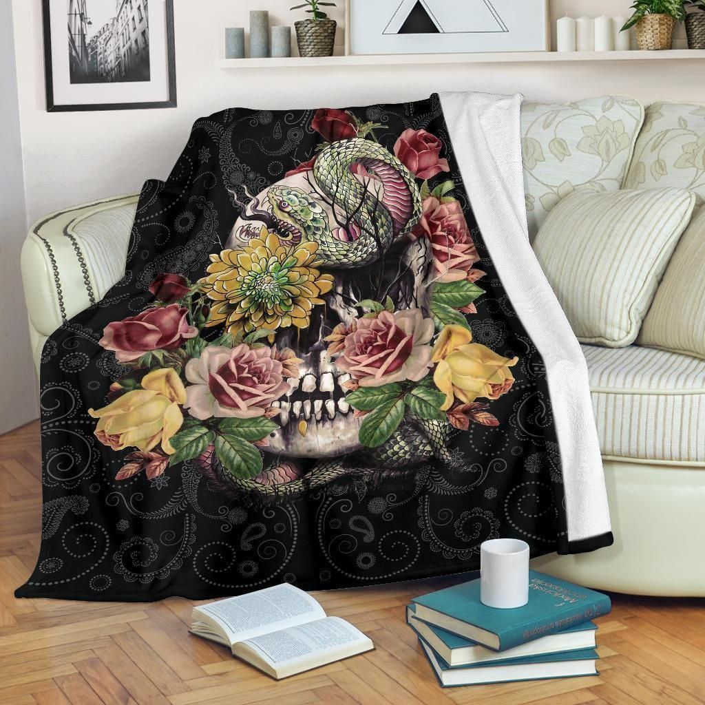 Beautiful Floral And Skull Face Fleece Blanket