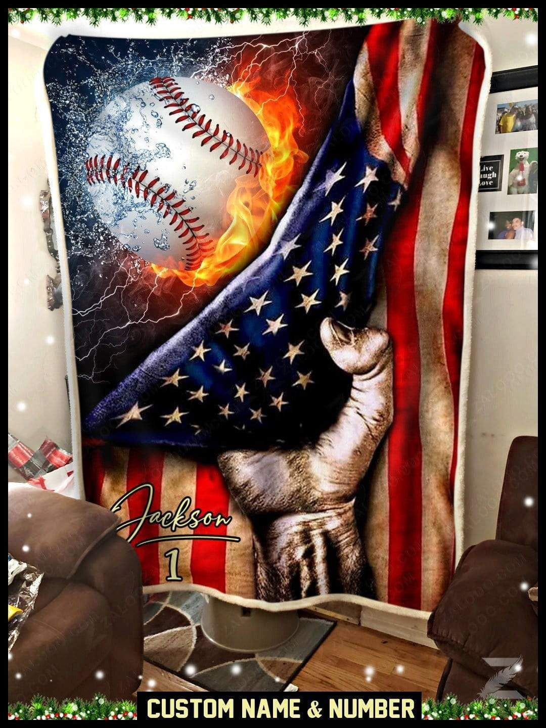 Baseball And Flag Custom Text Name Number Fleece Blanket