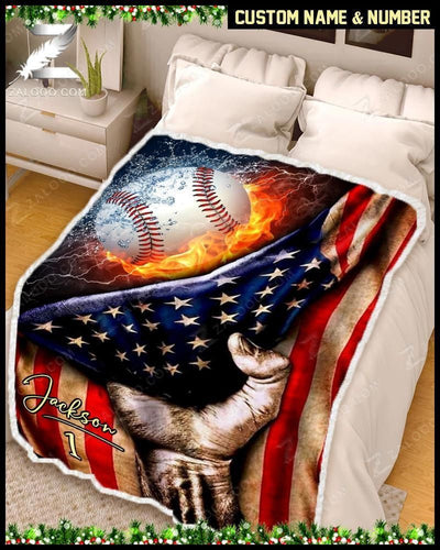 Baseball And Flag Custom Text Name Number Fleece Blanket