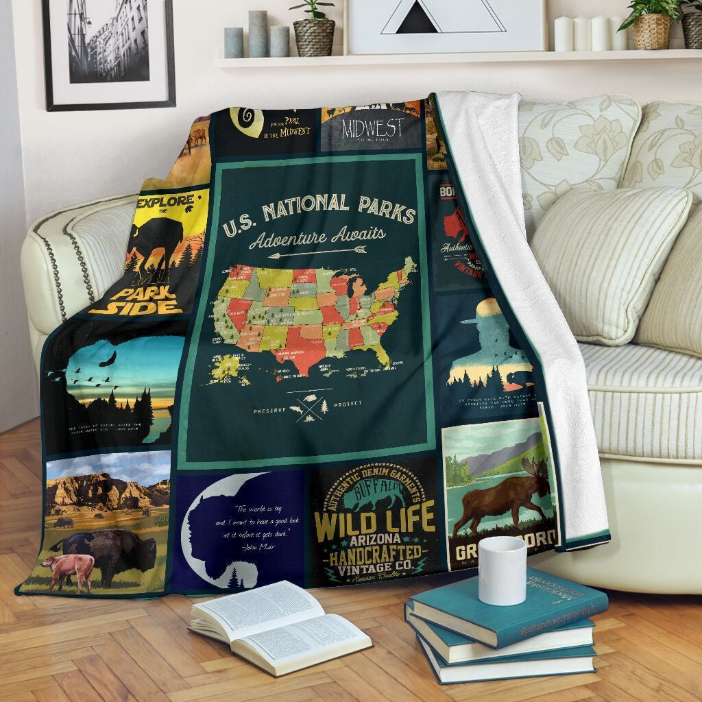National Parks Map Us Camping Hiking Outdoor Fleece Blanket
