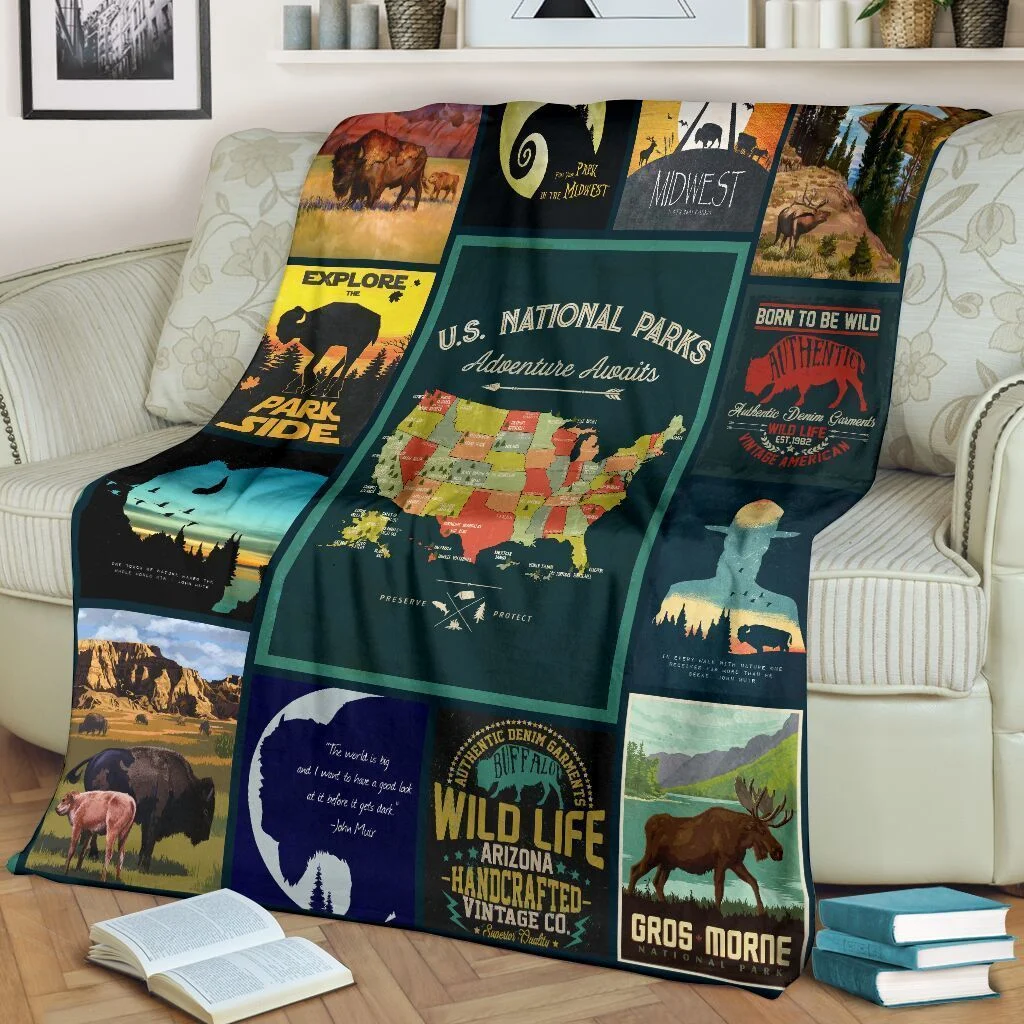 National Parks Map Us Camping Hiking Outdoor Fleece Blanket
