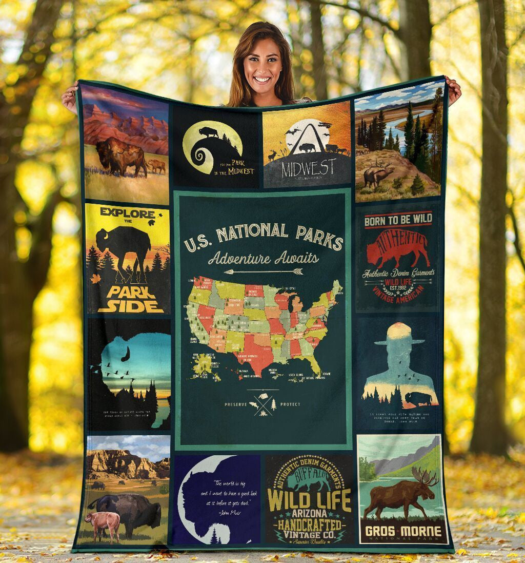 National Parks Map Us Camping Hiking Outdoor Fleece Blanket