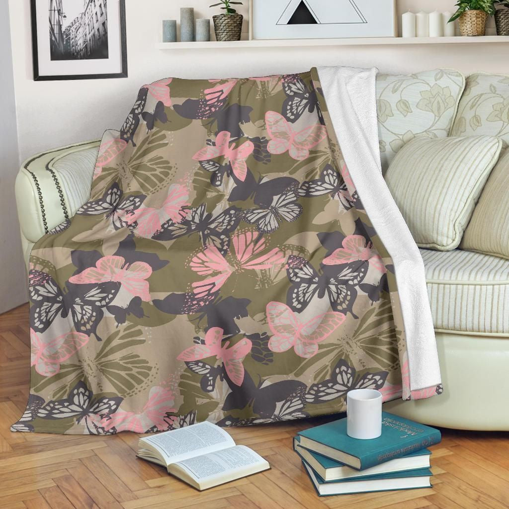 Black Pink Butterfly Camouflage Fleece Blanket