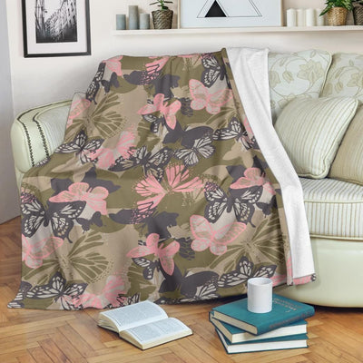 Black Pink Butterfly Camouflage Fleece Blanket
