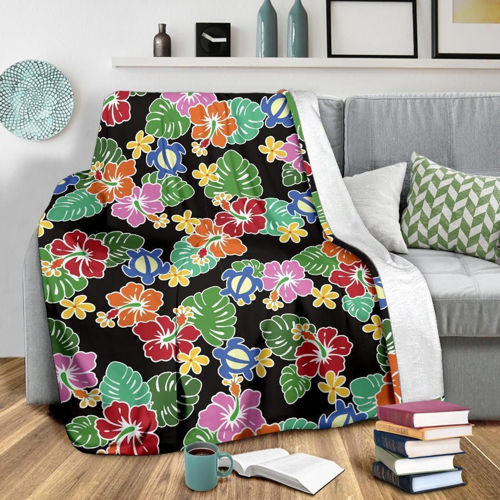 Hawaiian Themed Pattern Print Design Black Fleece Blanket