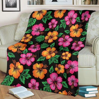 Hibiscus Pattern Print Design Pink And Orange Fleece Blanket
