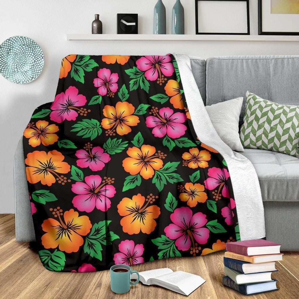 Hibiscus Pattern Print Design Pink And Orange Fleece Blanket