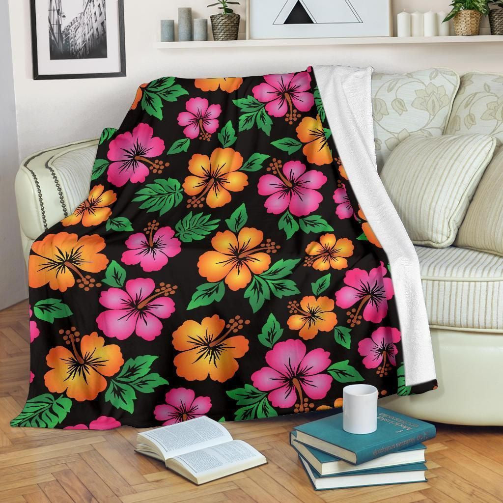 Hibiscus Pattern Print Design Pink And Orange Fleece Blanket