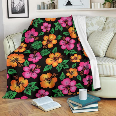 Hibiscus Pattern Print Design Pink And Orange Fleece Blanket
