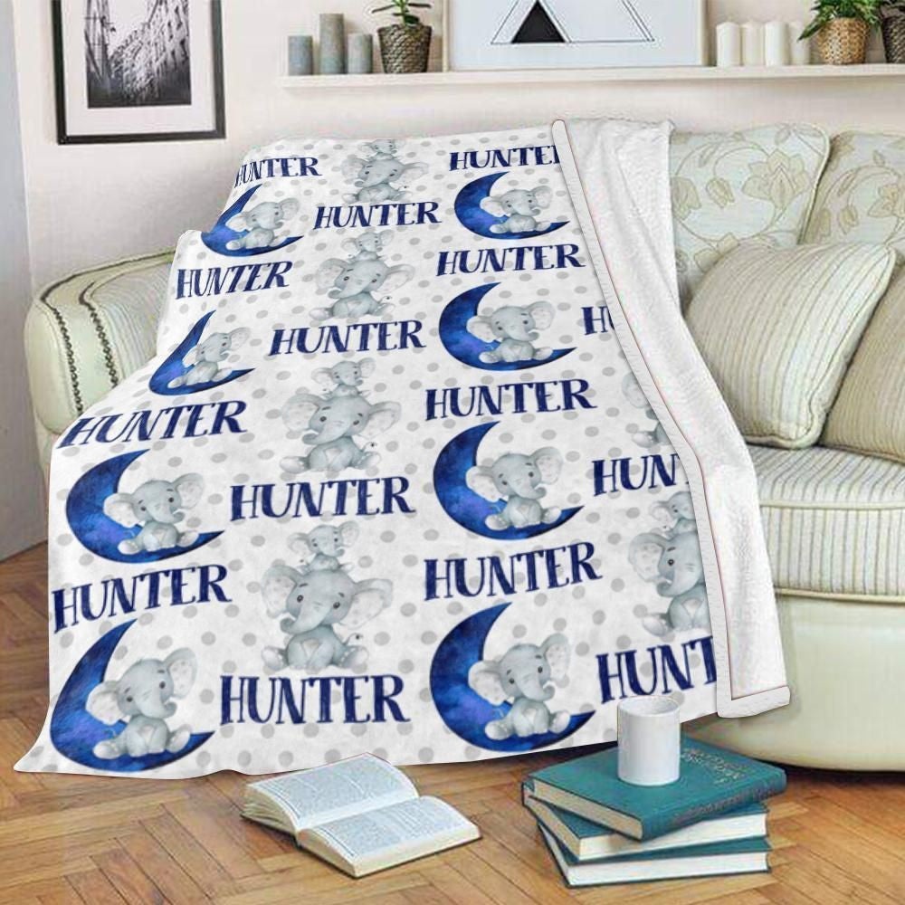 Blue Moon Elephant Custom Name Fleece Blanket