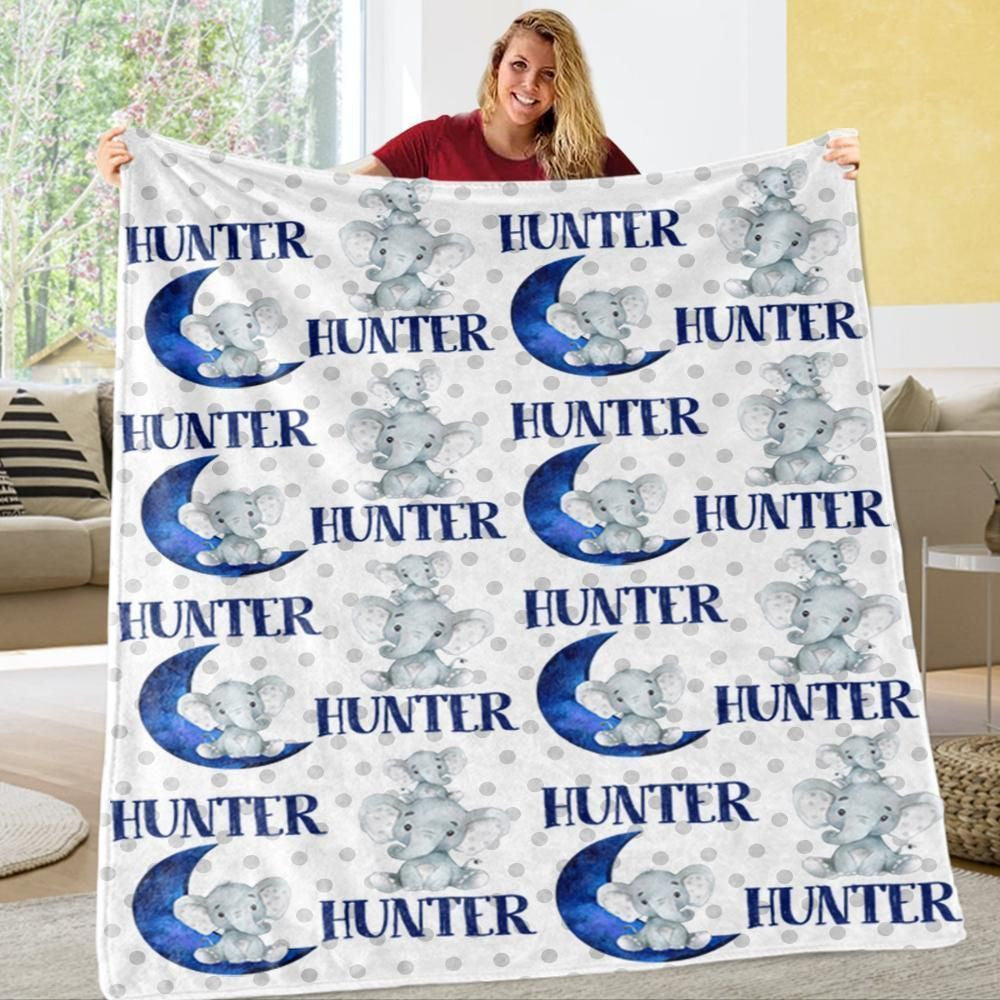Blue Moon Elephant Custom Name Fleece Blanket