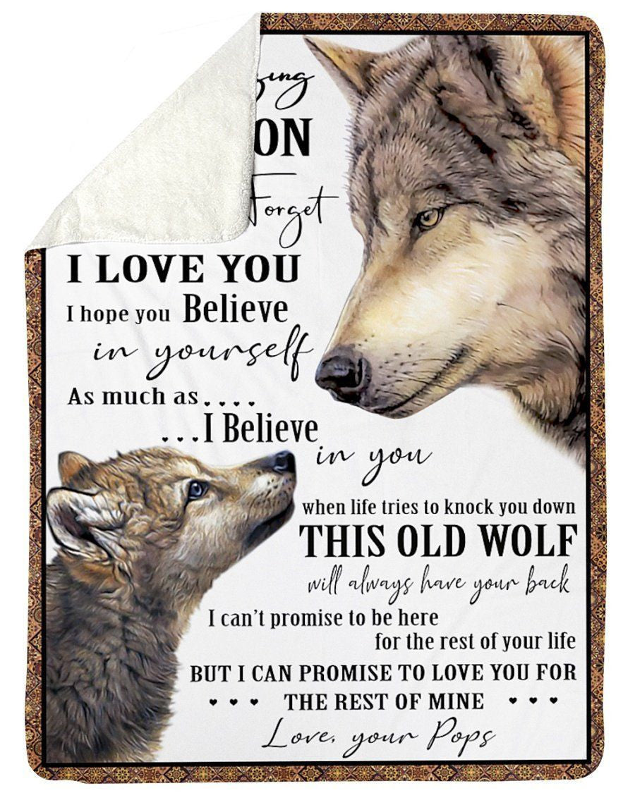 Pops For Grandson Never Forget How Much I Love You Wolf Edition Fleece Blanket Sherpa Blanket