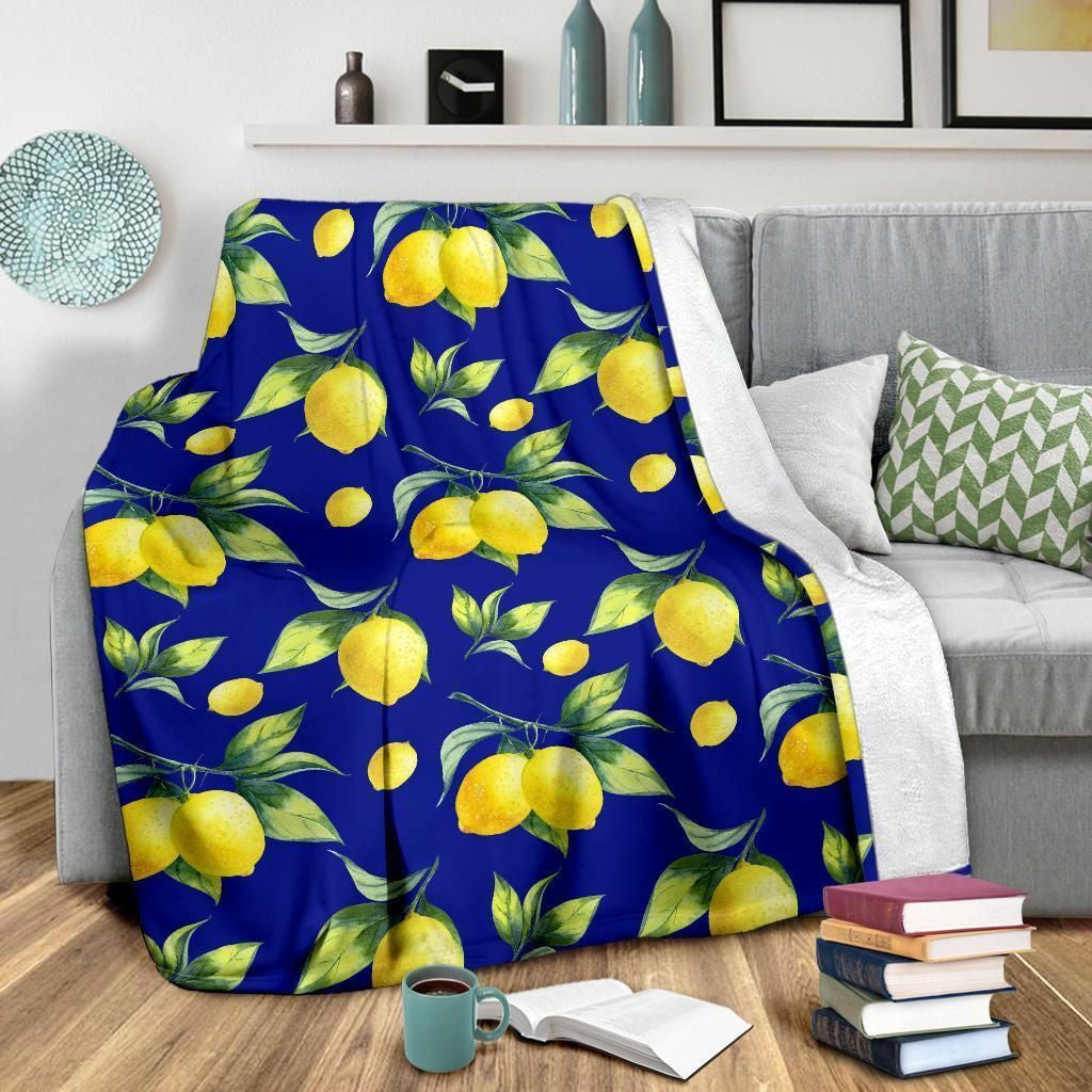 Lemon Pattern Print Design Dark Blue Fleece Blanket