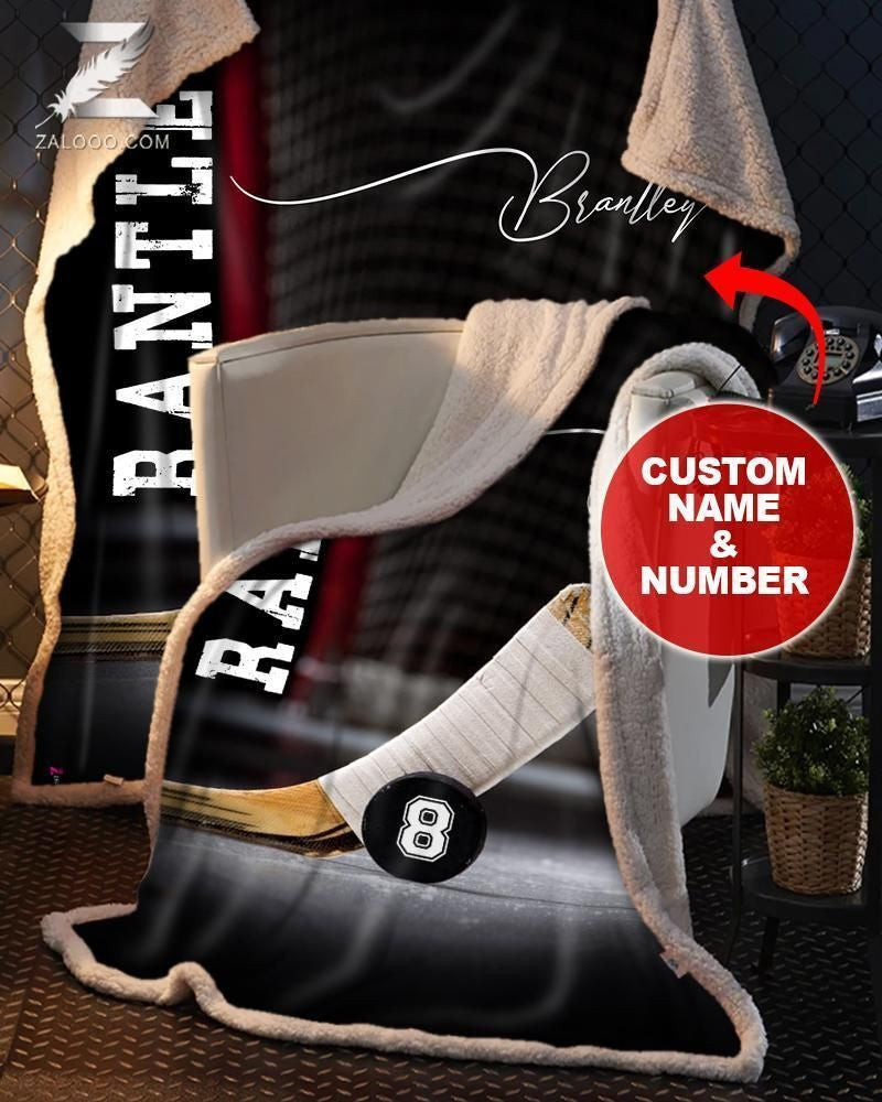 Custom Text Name Number Fleece Blanket Hockey Stick Puck