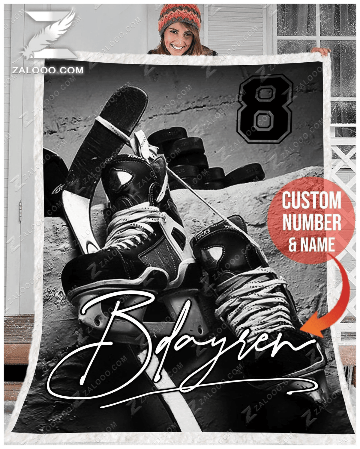 Custom Text Name Number Fleece Blanket Hockey Black White