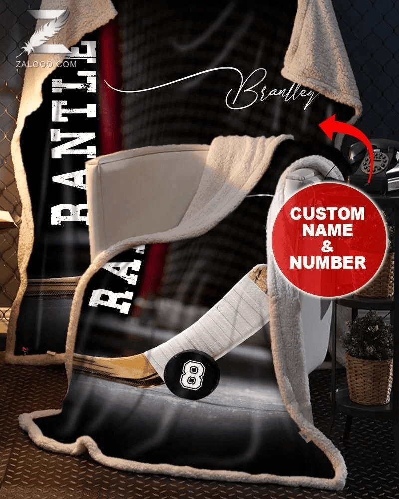 Custom Text Name Number Fleece Blanket Hockey Stick Puck
