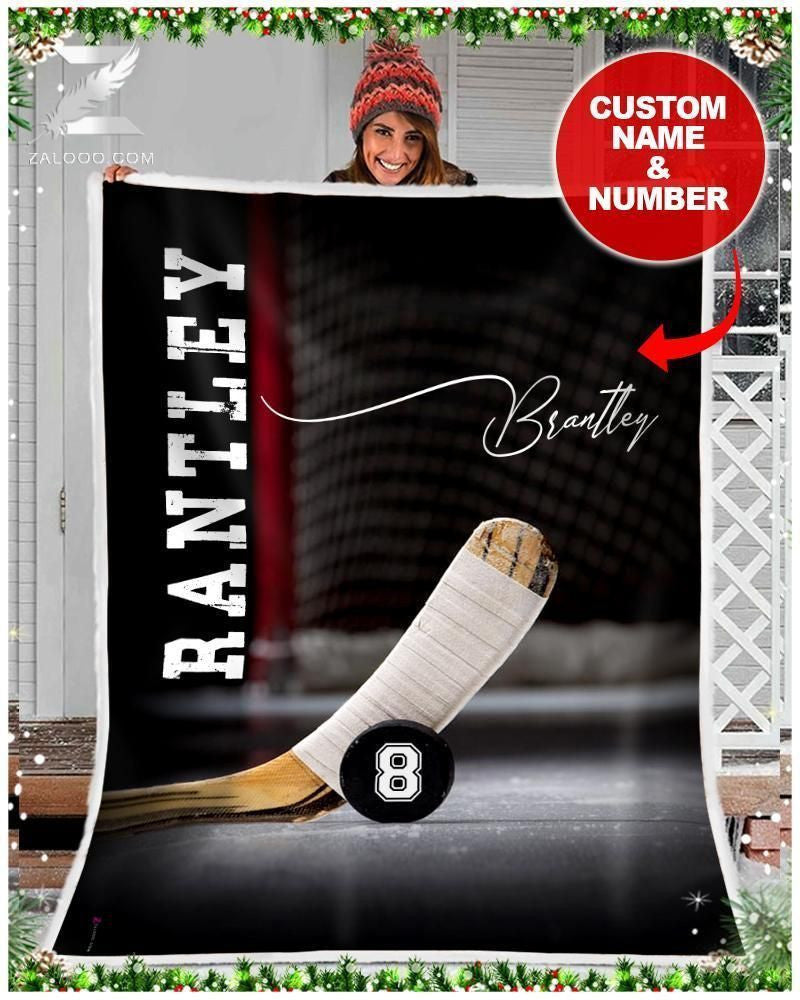 Custom Text Name Number Fleece Blanket Hockey Stick Puck