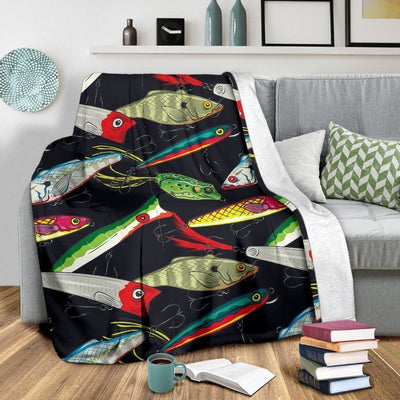 Fishing Bait Print Black Background Fleece Blanket