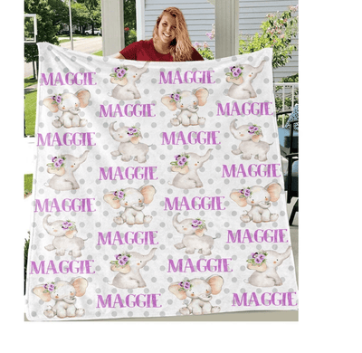 Purple Floral Elephant Gift For Kids Custom Name Fleece Blanket