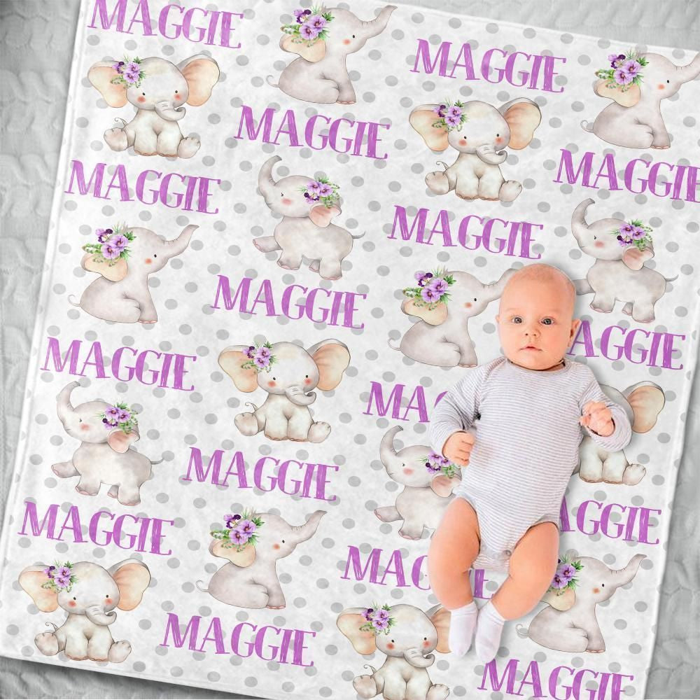 Purple Floral Elephant Gift For Kids Custom Name Fleece Blanket