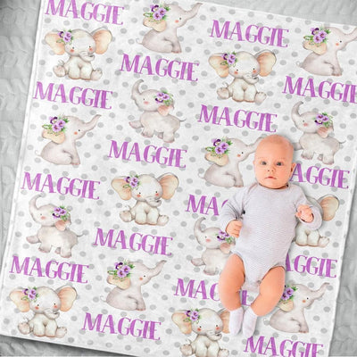 Purple Floral Elephant Gift For Kids Custom Name Fleece Blanket
