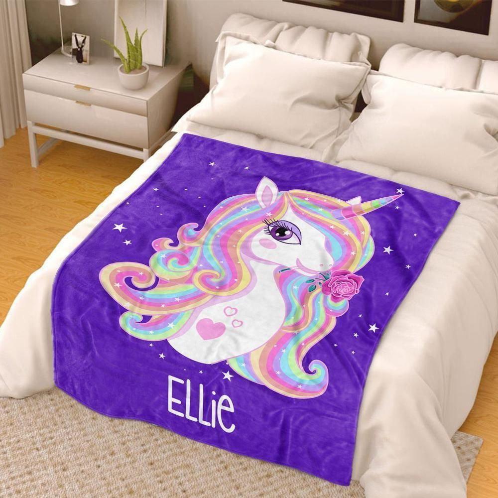 Purple Magical Unicorn Gift For Kids Custom Name Fleece Blanket