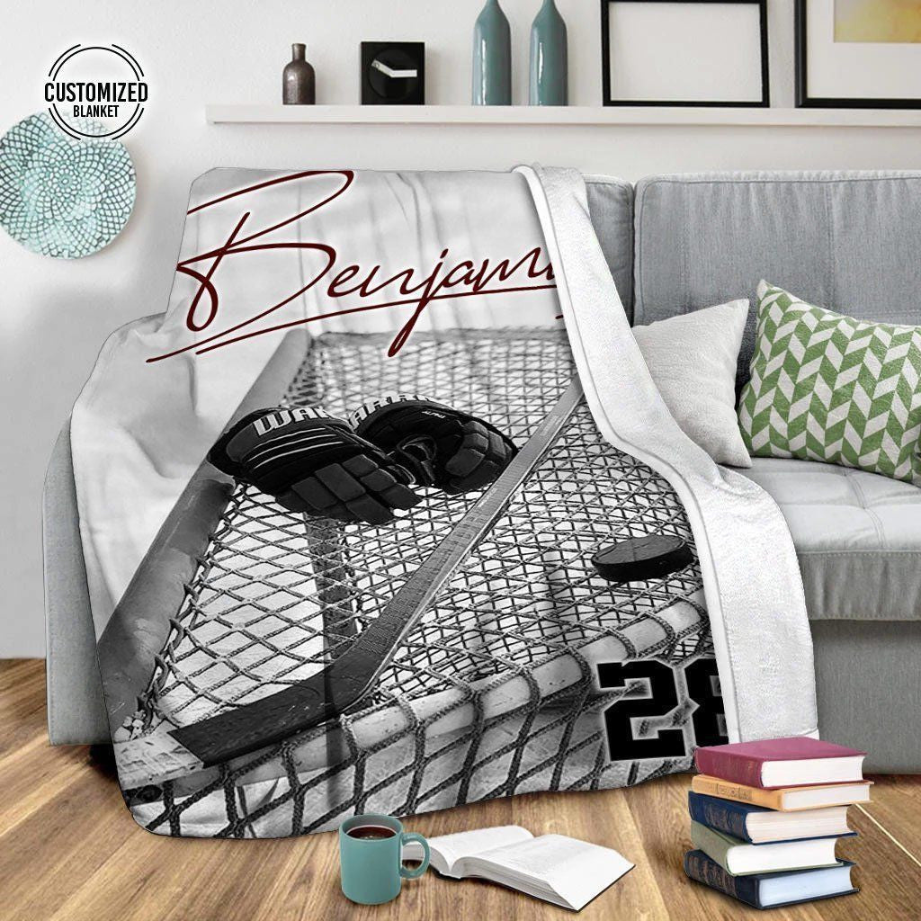 Hockey Goalie's Stick & Gloves In Net Blanket