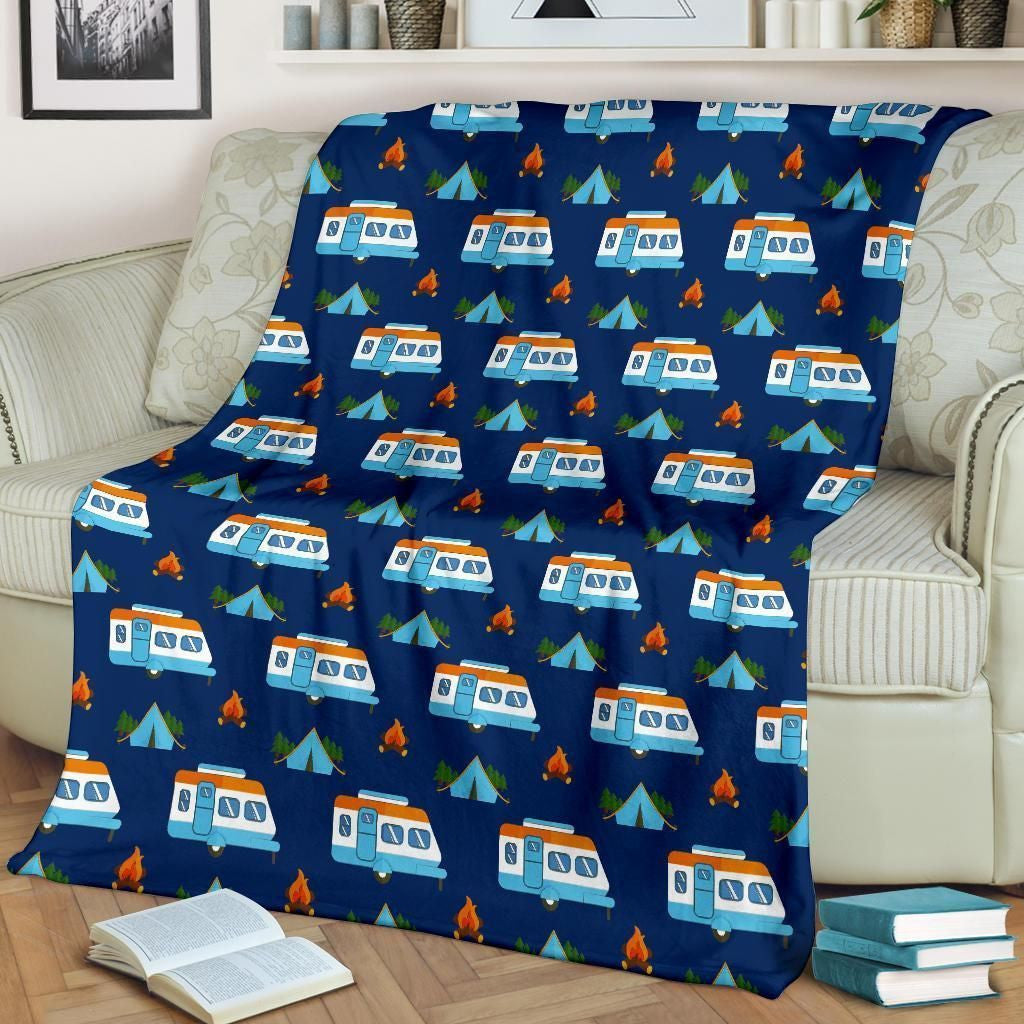 Camper Pattern Camping Themed Dark Blue Print Fleece Blanket