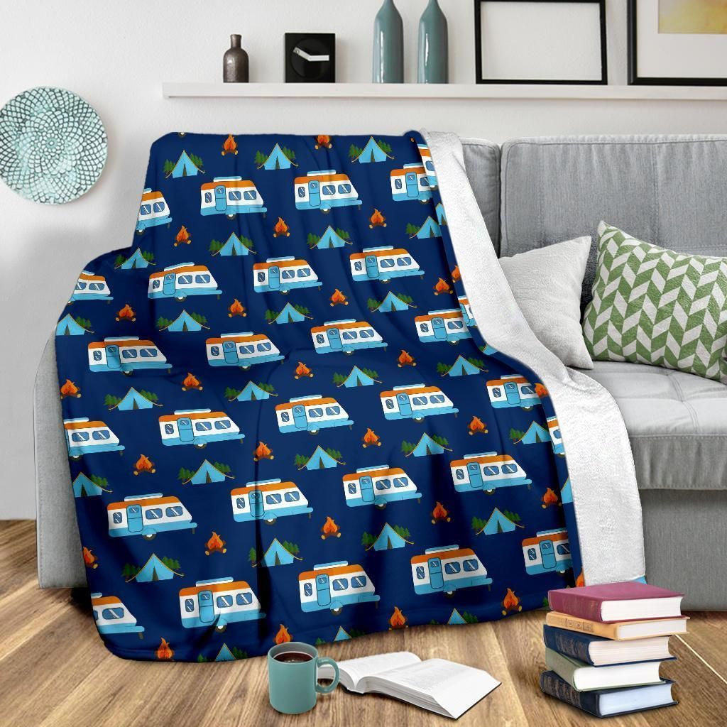Camper Pattern Camping Themed Dark Blue Print Fleece Blanket