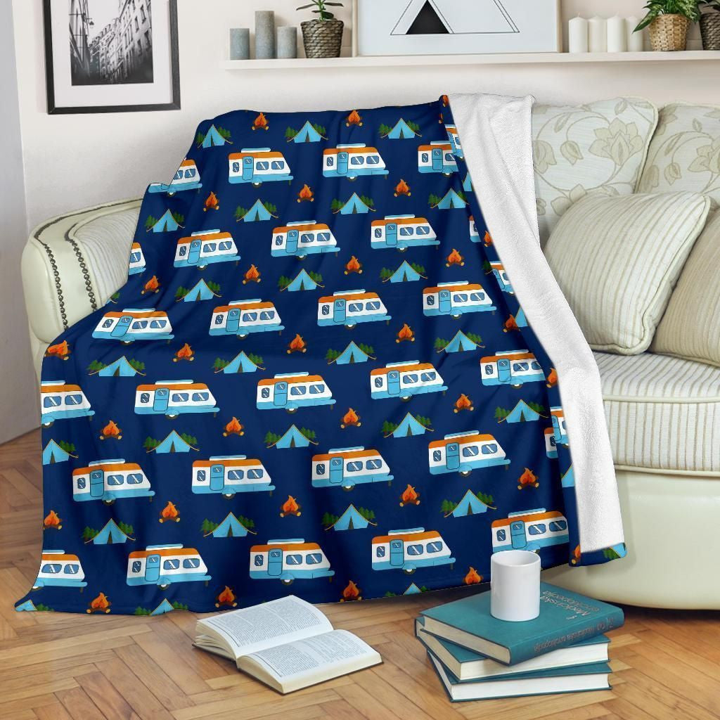 Camper Pattern Camping Themed Dark Blue Print Fleece Blanket