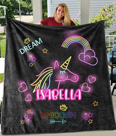 Black Magical Unicorn Gift For Kids Custom Name Fleece Blanket