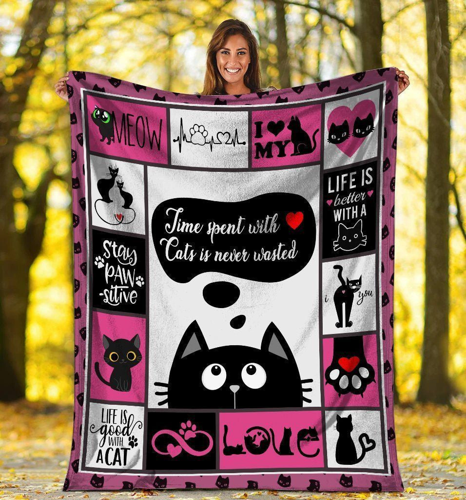 Black Cat Time Spent With Heart Cats Is Never Wasted Cat Fleece Blanket