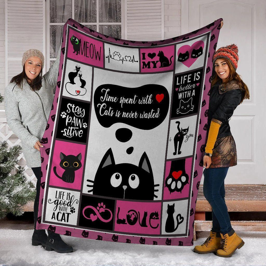 Black Cat Time Spent With Heart Cats Is Never Wasted Cat Fleece Blanket