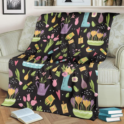 Gardening Pattern Print Design Black Fleece Blanket