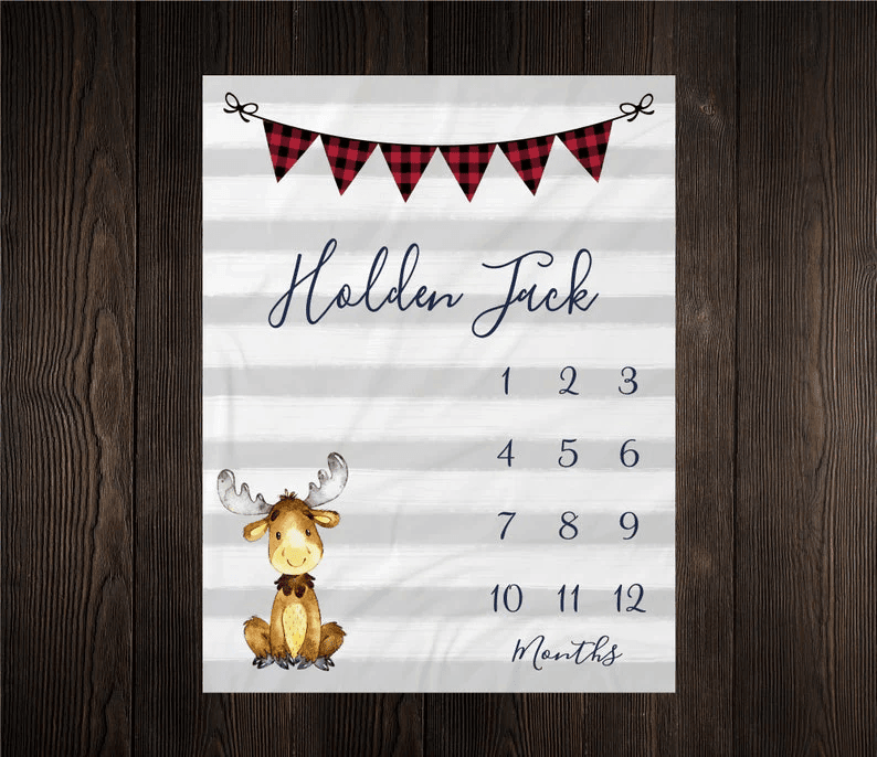 Moose Milestone Blanket Month Blanket Baby Growth Tracker Fleece Blanket Baby Shower Gift Newborn Gift Minky Baby Boy