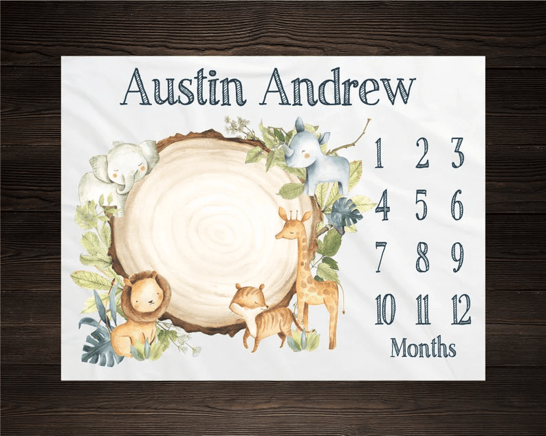 Safari Milestone Blanket Personalized Milestone Blanket Month Blanket Jungle Baby Blanket New Baby Growth Photo Prop