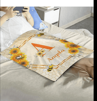 Personalized Bee Sunflowers Baby Blankets With Name Soft Fleece For Newborn GirlsCustom Nursery Throw Blanket For Birthday 30X40 Inches