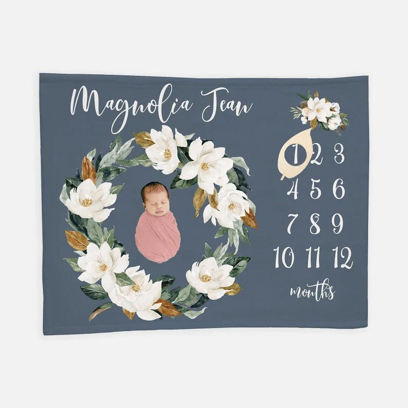 Magnolia Wreath Milestone Blanket Magnolia Monthly Baby Blanket Soft Fleece Blanket Baby Shower Gift Baby Girl