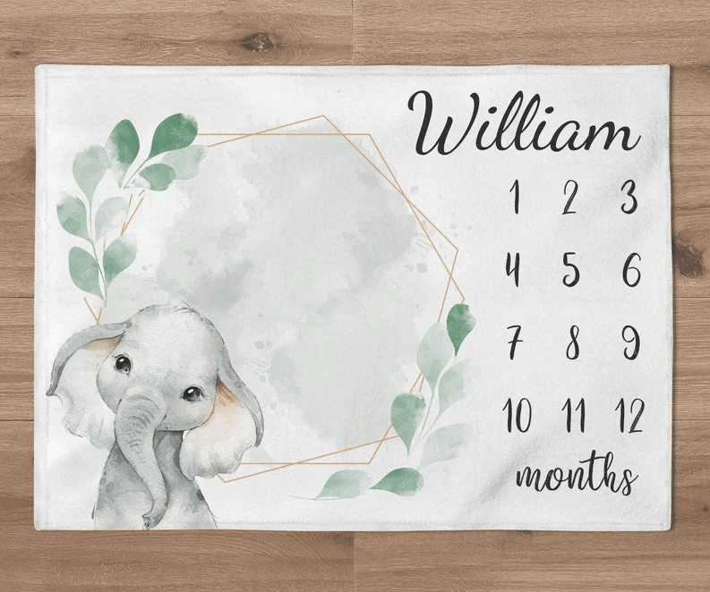 Custom Gender Neutral Elephant Milestone Blanket Greenery Wreath Baby Month Blanket Personalized Girl Boy Blanket Baby Shower Gift