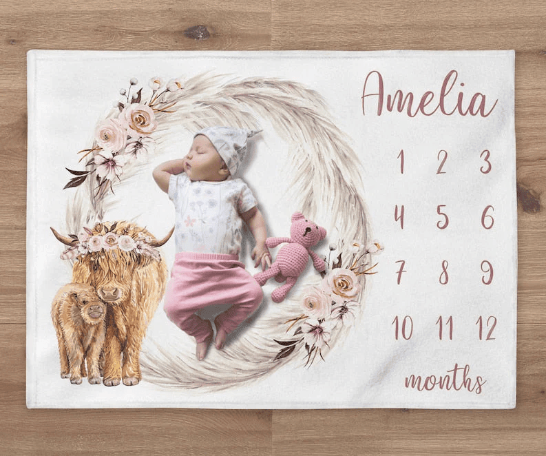 Boho Milestone Blanket Custom Highland Cow Girl Blanket Personalized Pampas Leaves Baby Month Blanket Newborn Gift Boho Baby Shower Gift