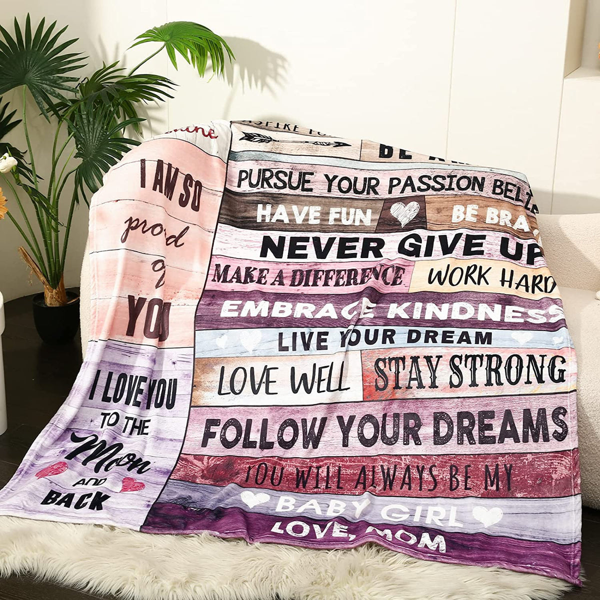 Daughter Gift from Mom Soft Blanket Birthday Daughter Gifts I Love You to The Moon and Back Present Pink Christmas Throw Blanket