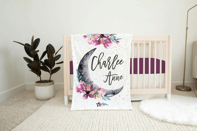 Floral Moon Blanket Moon and Stars Baby Blanket Luna Baby Blanket Moon Nursery New Baby Gift Celestial Bedding