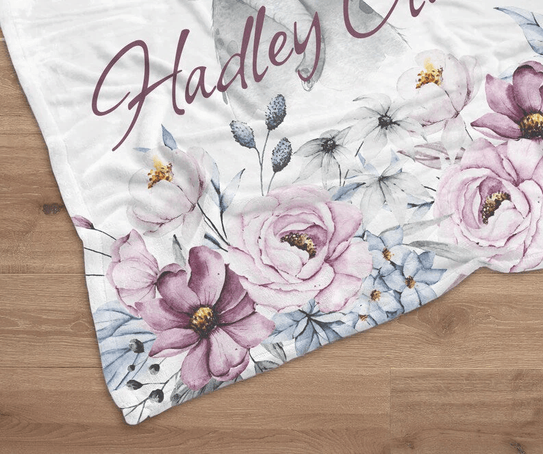 Personalized Elephant Name Blanket Custom Pink & Purple Flowers Baby Girl Name Blanket Floral Personalized Baby Blanket Floral Baby Shower Gift
