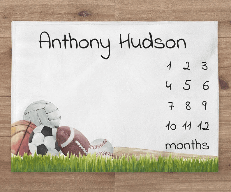 Sports Milestone Personalized Baby Blanket Custom Baseball Football Socer Basketball Baby Boy Month Blanket Newborn Gift Baby Shower Gift