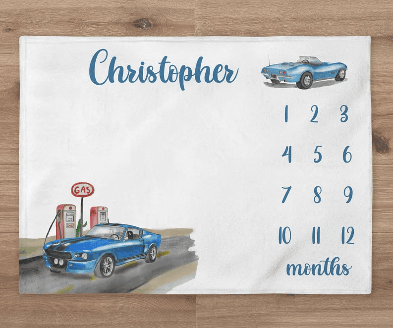 Car Milestone Blanket Vintage Car Milestone Personalized Baby Blanket Race Car Baby Boy Month Blanket Newborn Gift Baby Shower Gift