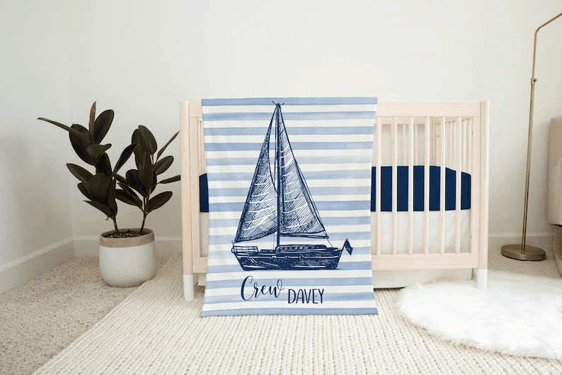 Sailboat Boy Blanket Nautical Crib Bedding Personalized Baby Blanket Sea Nursery Theme Newborn Coming Home Blanket