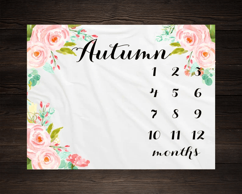 Custom Name Girl Milestone Blanket Month Growth Tracker Fleece Blanket Custom Personalized Baby Shower Gift Watercolor
