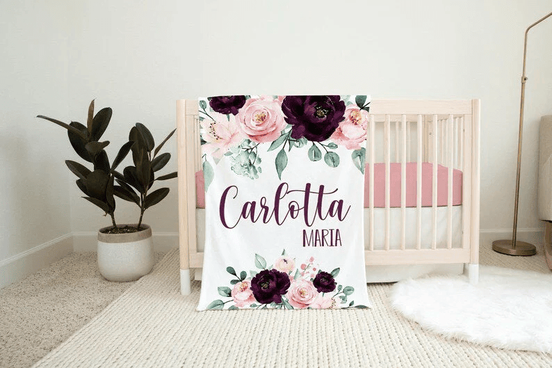 Plum and Pink Floral Girl Blanket Rose Floral Crib Bedding Personalized Baby Blanket Floral Nursery Theme Baby