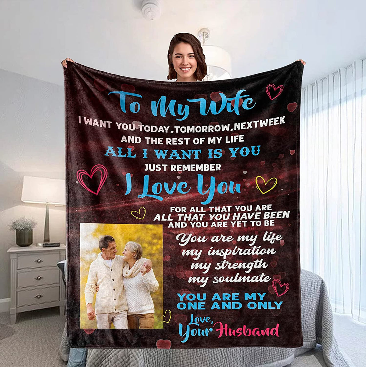 To My Wife Couple Throw Blanket Custom Name Photo Date Gifts for Wife