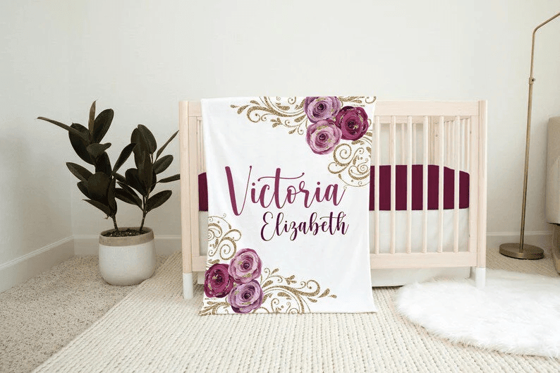 Purple Pink and Gold Rose Girl Blanket Rose Floral Crib Bedding Personalized Baby Blanket Nursery Theme Baby Shower